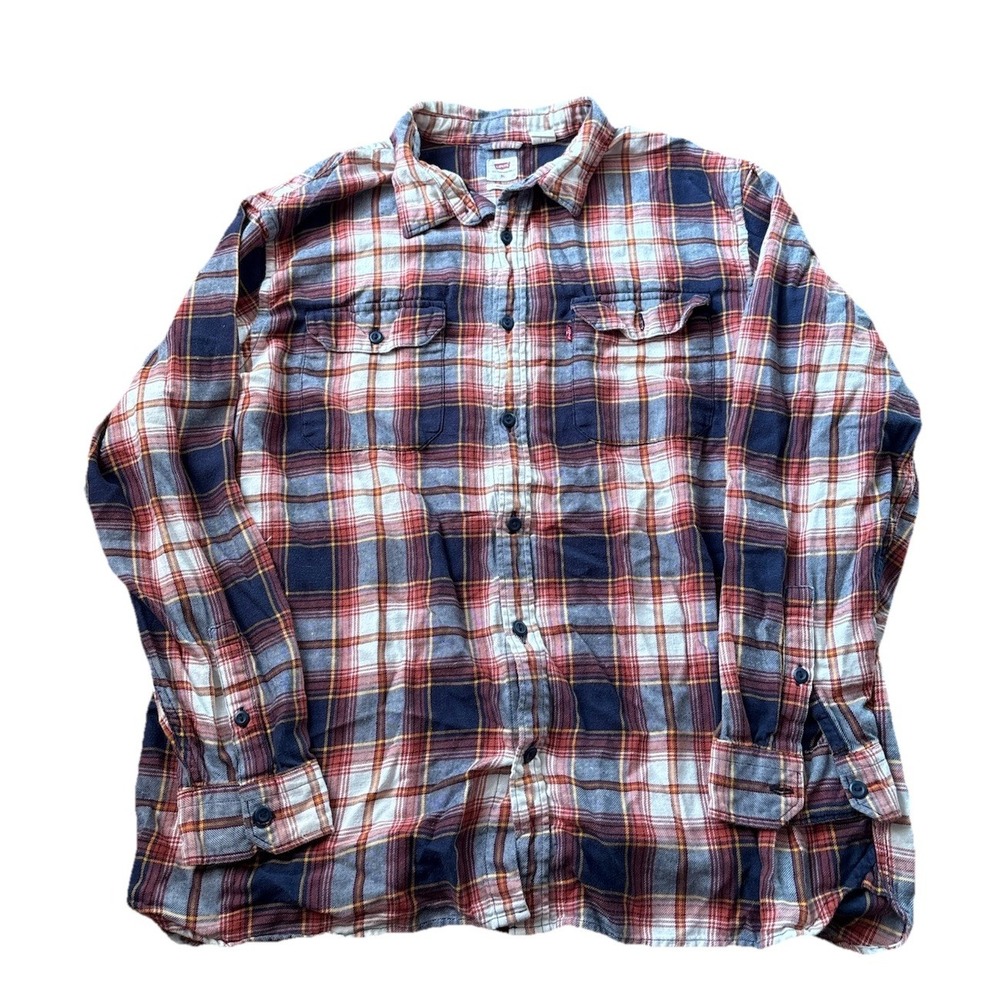 Levi's Men's XL Blue Orange Plaid Flannel Cotton Button-Down Shirt Long Sleeve